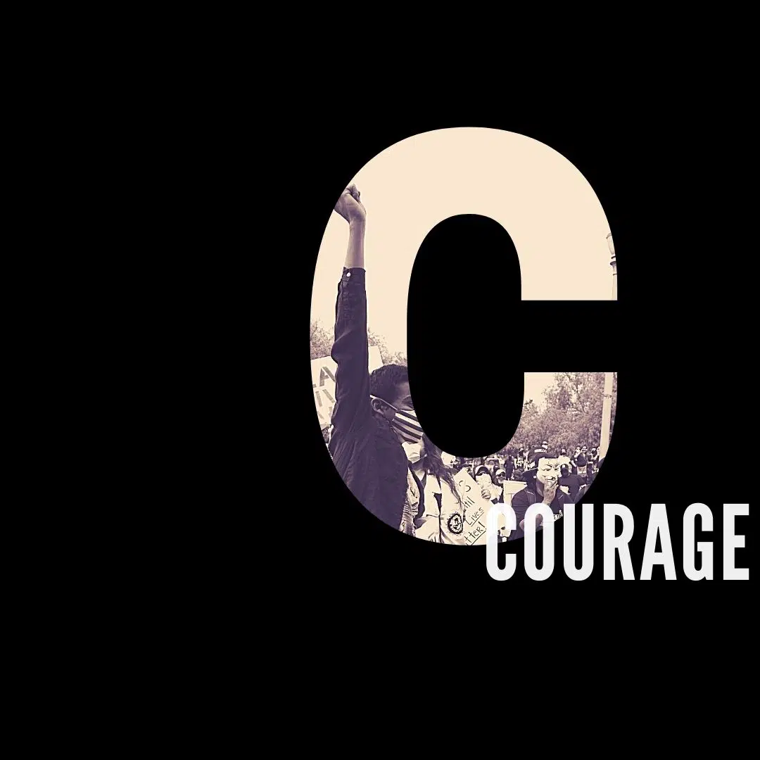 Letter C and word Courage on Black background. Image of man raising fist filling letter C