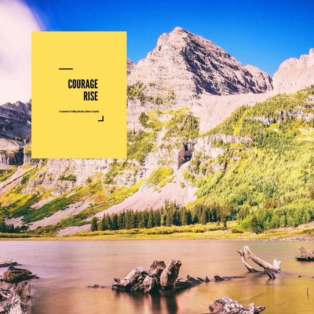 mountain behind lake. yellow text box says "courage rise: a framework for building relational culture"